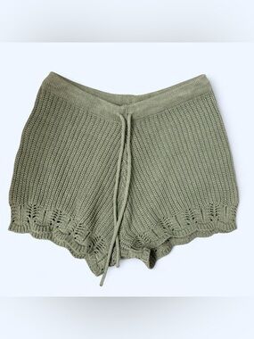 High-Waist Olive Knit Scalloped Lounge Shorts